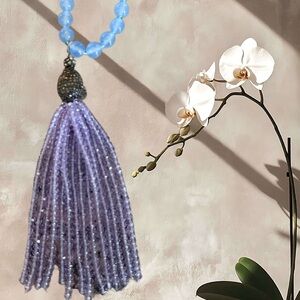 Blue Chalcedony Style Beaded Necklace w/ Lavender Crystal Tassel